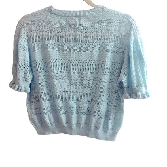 Cupcake Light Blue Open Knit‎ Short Sleeve Pointelle Knit Crop Top Size Medium - Picture 2 of 5